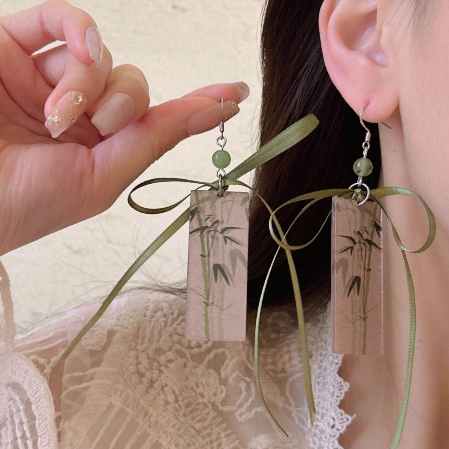 中国风文竹长款耳环创意新中式立体画风浮雕双面印花亚克力耳饰女