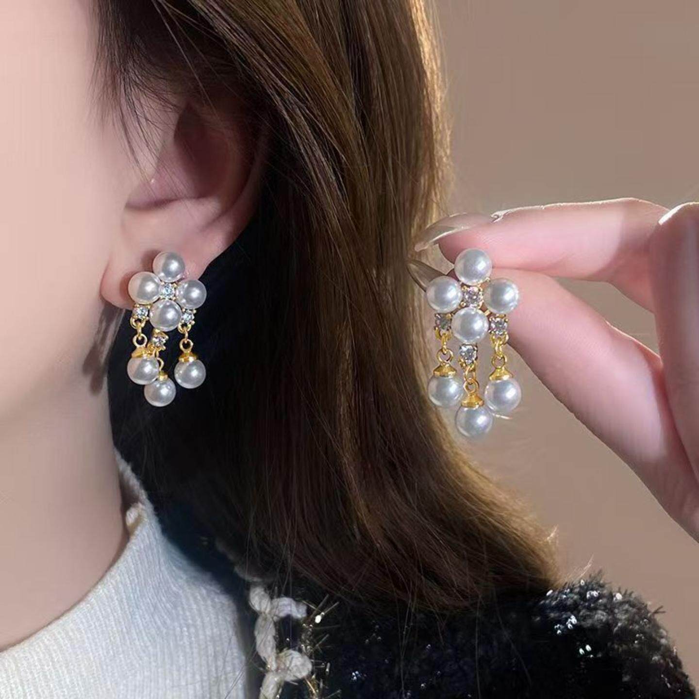 新款镶钻珍珠流苏耳环简约复古气质耳钉女时尚优雅小众设计感耳饰