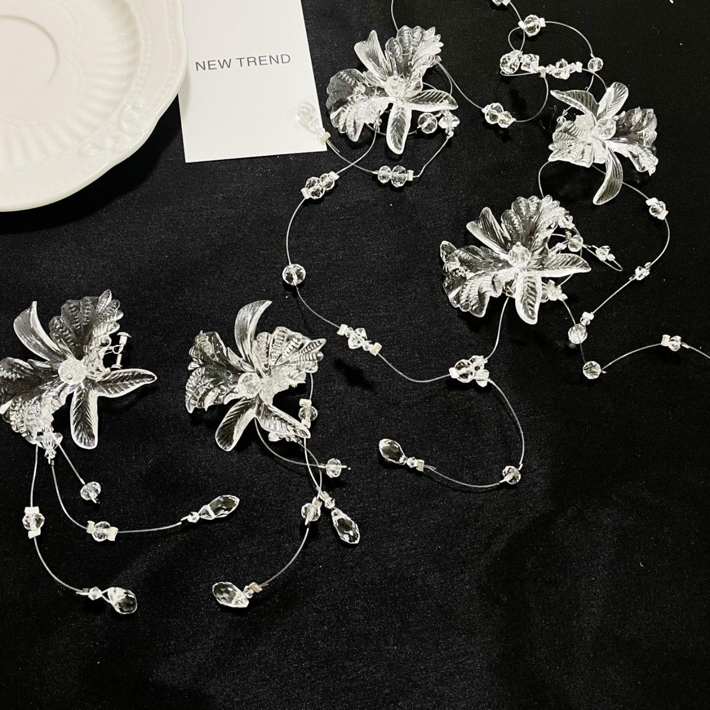 超仙透明色花朵水滴流苏项链耳环