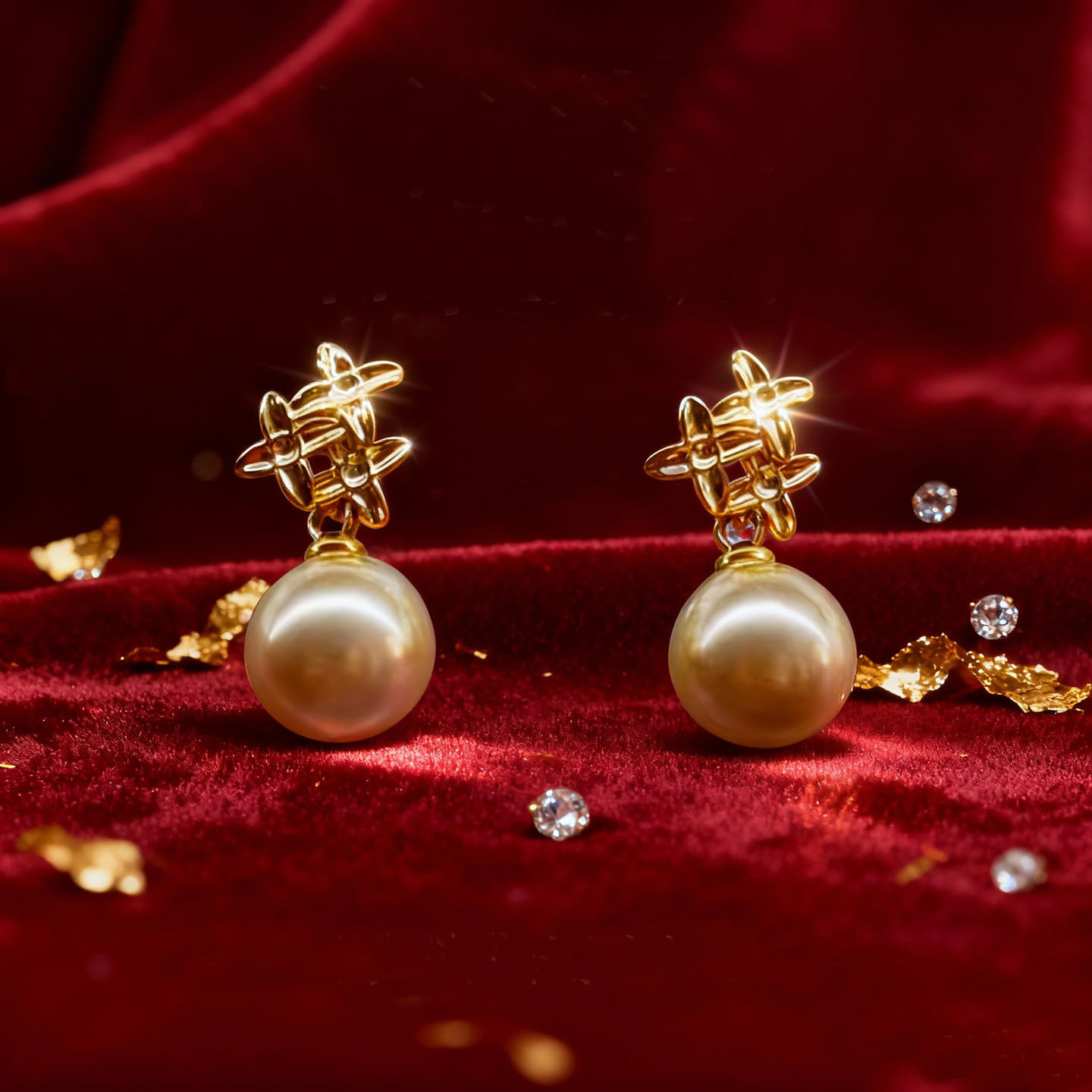 新款复古金色花朵耳夹秋冬款耳坠高级棉花珠耳钉适合圆脸耳环饰品