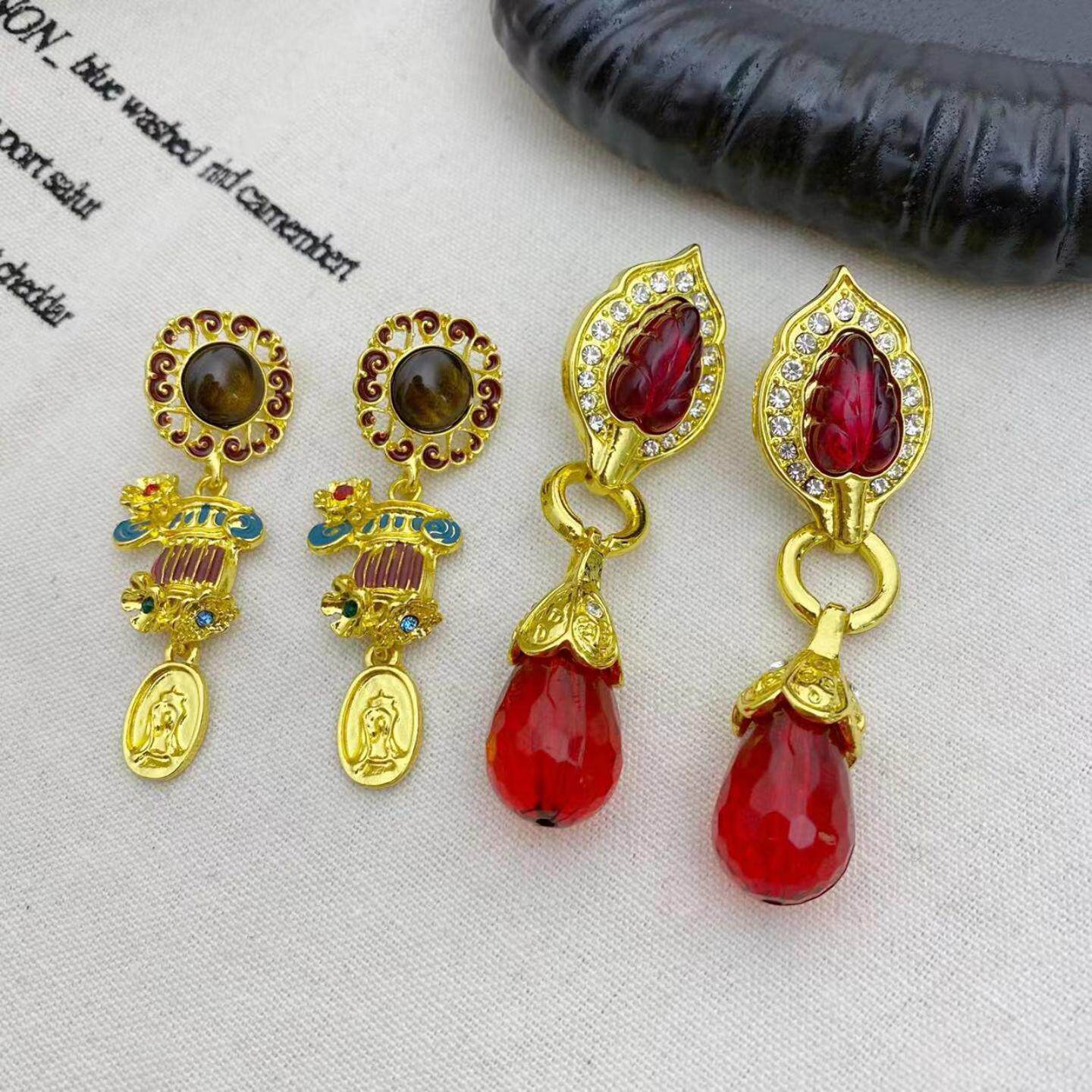 轻奢中古vintage树叶水滴吊坠耳环复古宫廷风高级感花朵流苏耳饰