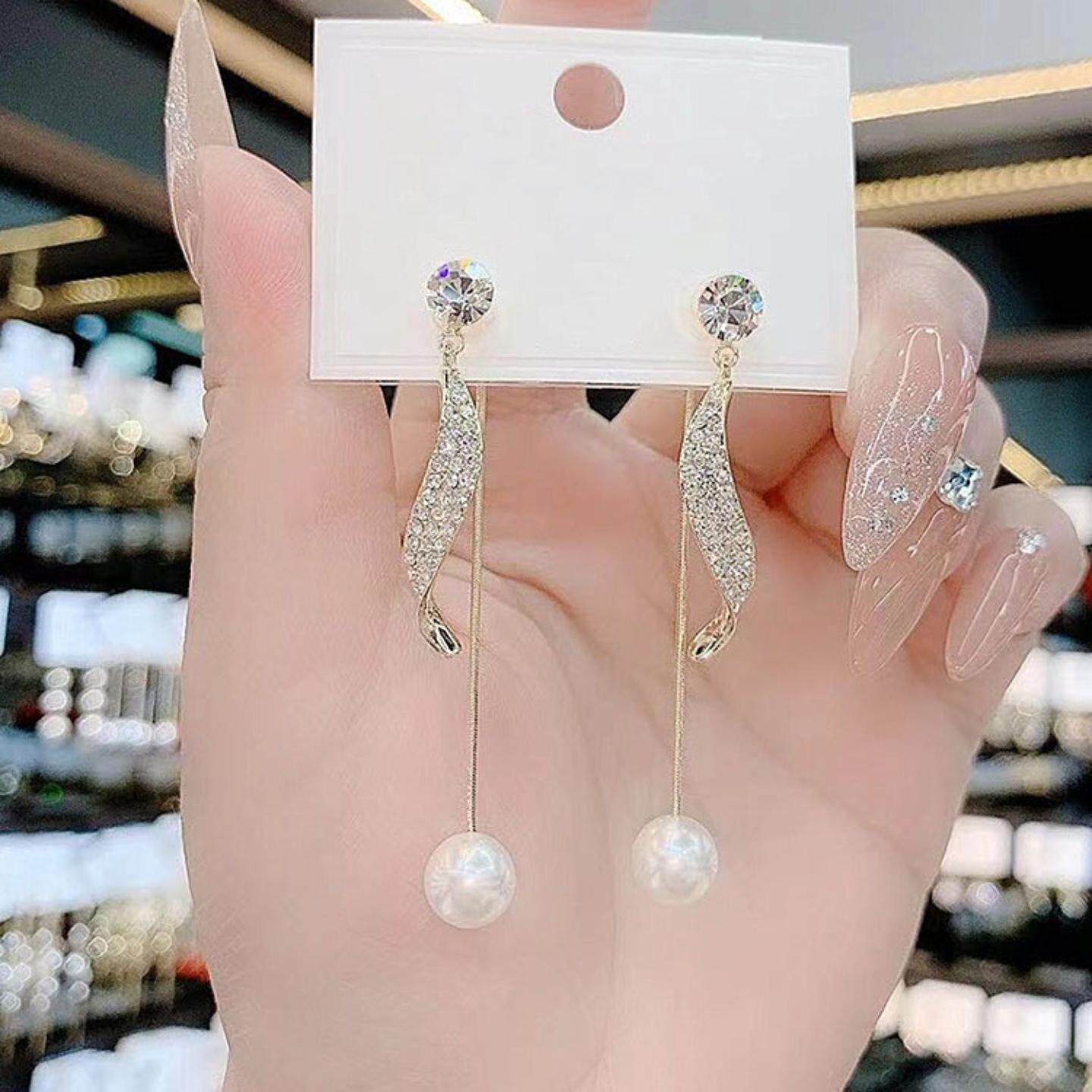 同款S925银针气质流苏翅膀两戴耳环长款百搭水钻珍珠耳钉耳饰