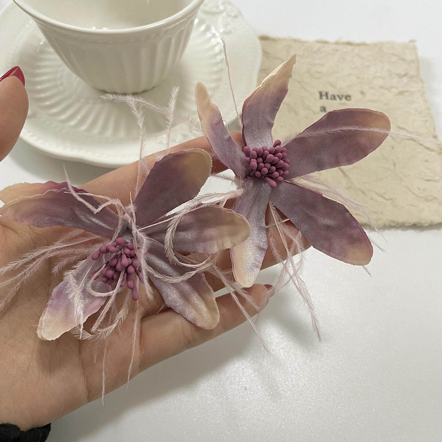 超仙甜美紫色花朵羽毛耳环新款时尚百搭优雅减龄耳饰旅拍婚纱配饰