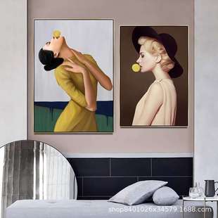 现代轻奢风挂画美女人物画卧室壁画网红直播间装 吐泡泡女神 饰画