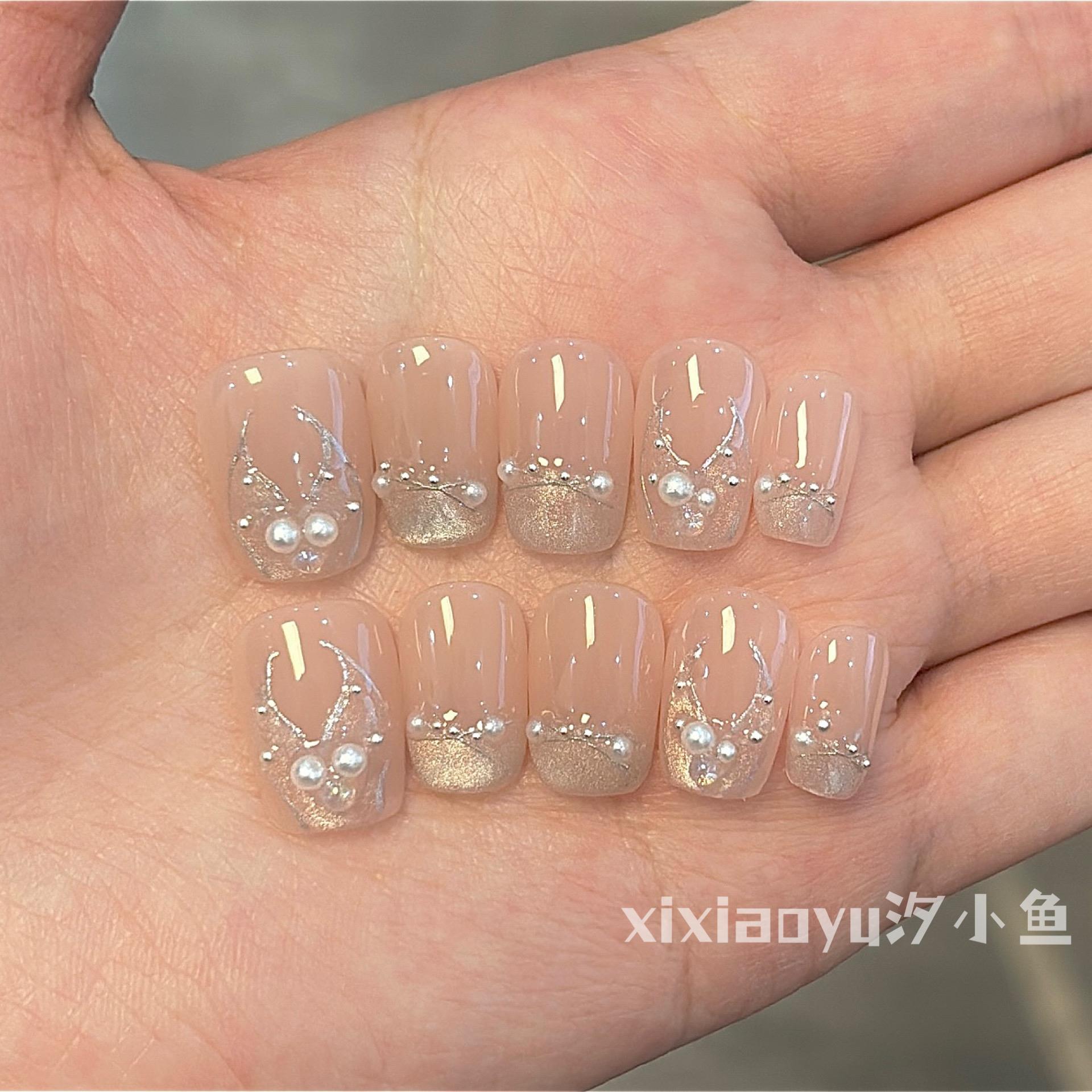 【人鱼】纯手工穿戴甲冰灰色珍珠法式猫眼手绘美甲穿戴式指甲贴片