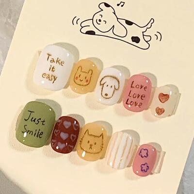穿戴美甲可爱漫画风猫咪纯手工小红书同款指甲贴片成品套装短款