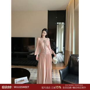 吴太甜 亚麻纯欲风一字领上衣女垂感宽松大摆显瘦裙裤阔腿裤套装