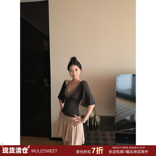 【现货清仓】吴太甜 韩系简约叠穿短袖t恤上衣女早秋半身裙韩系慵