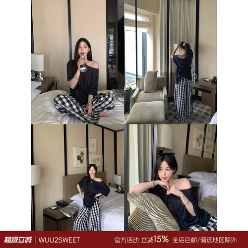 吴太甜松弛氛围斜肩短袖t恤女