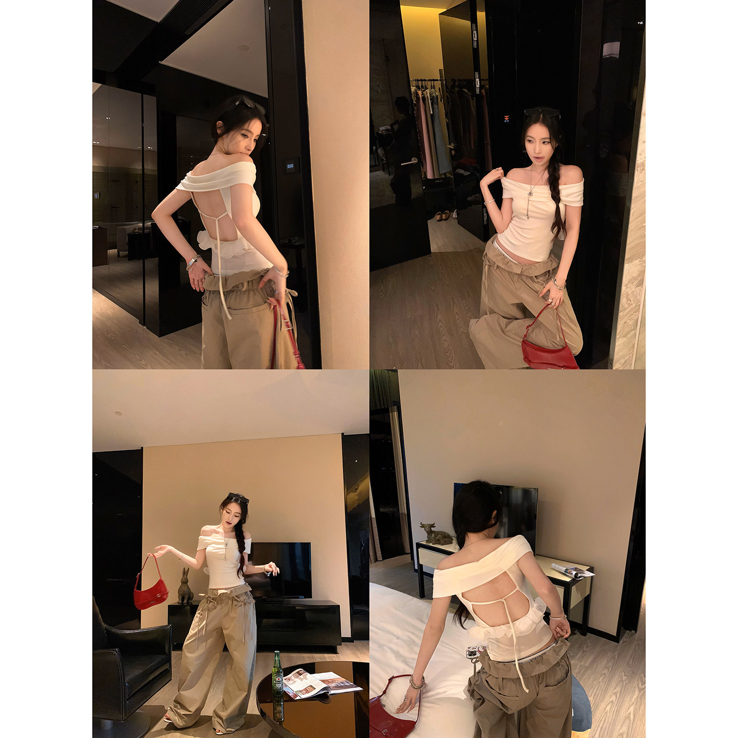 Wuu2sweet吴太甜 杏绡荷曳 莱赛尔一字肩短袖t恤女夏露背纯欲上衣