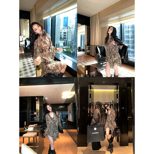 Wuu2sweet吴太甜 初春复古豹纹长袖连衣裙女收腰显瘦气质短裙子