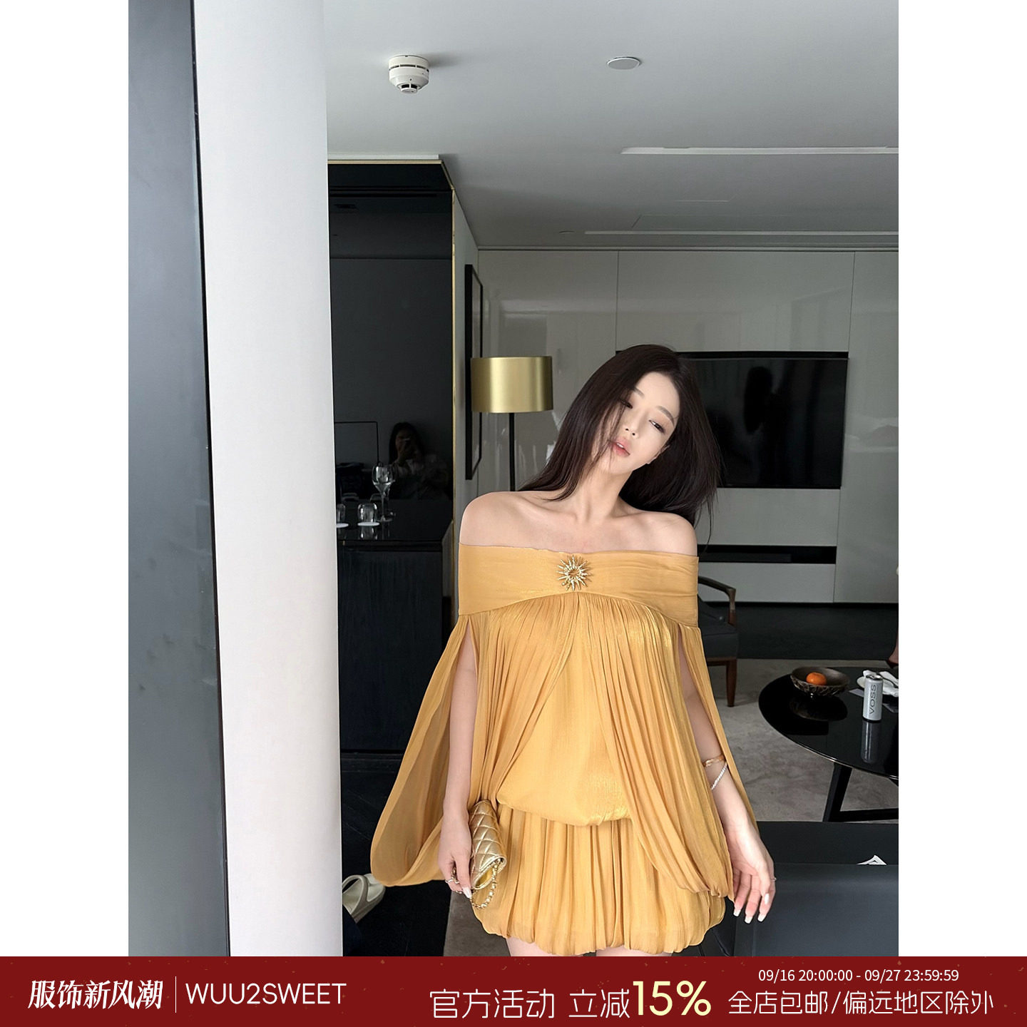 吴太甜一字肩抹胸褶皱花苞连衣裙图片