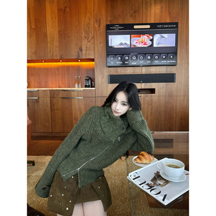 吴太甜 复古慵懒大翻领斜拉链针织衫女冬季藏肉显瘦保暖高领毛衣