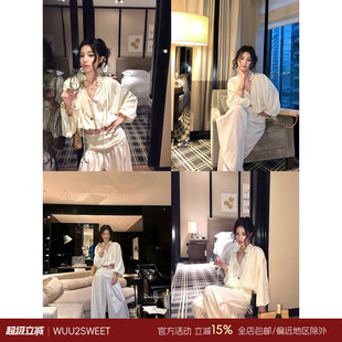 吴太甜软糯小立领泡泡袖长袖衬衫女初秋松弛百搭高腰阔腿长裤套装