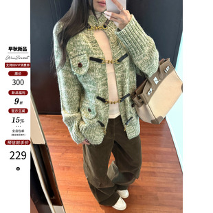 吴太甜 羊毛混纺皮扣针织开衫毛衣外套女松弛感杂色休闲宽松上衣