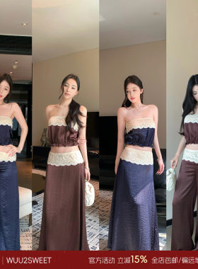 吴太甜缎面蕾丝拼接抹胸背心套装