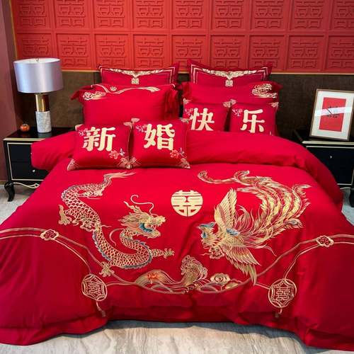 新中式大红色四件套结婚床上用品全棉六件套女方陪嫁喜被龙凤刺绣