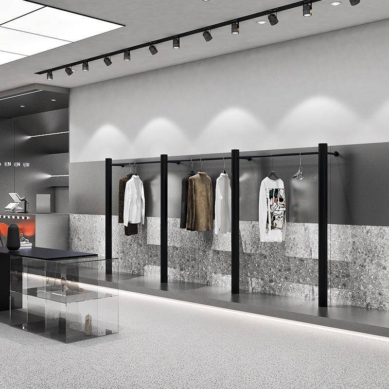 服装店展示架圆柱简约不锈钢黑色上墙挂衣架男女装店货架陈列架子