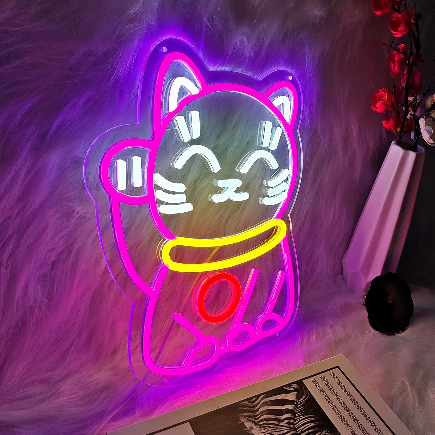 led霓虹灯发光字创意DIY亚克力招财猫手举造型logo灯牌制作