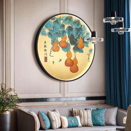 新中式圆形装饰画玄关挂画入户走廊过道墙画带灯led茶室大气壁画