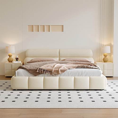 网红科技布床轻奢现代简约双人主卧床米黄色双软靠男女生榻榻米床