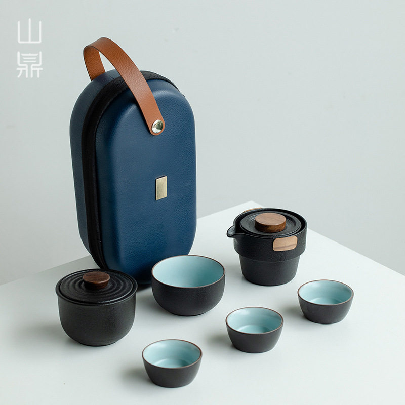 山鼎便携式茶具礼瓷泡茶套装一壶四杯一罐户外快客杯功夫家用陶瓷