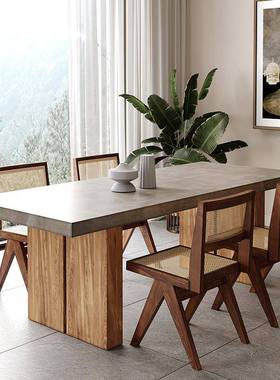 工业风实木餐桌仿水泥色办公会议桌简约原木长桌接待洽谈桌工作台