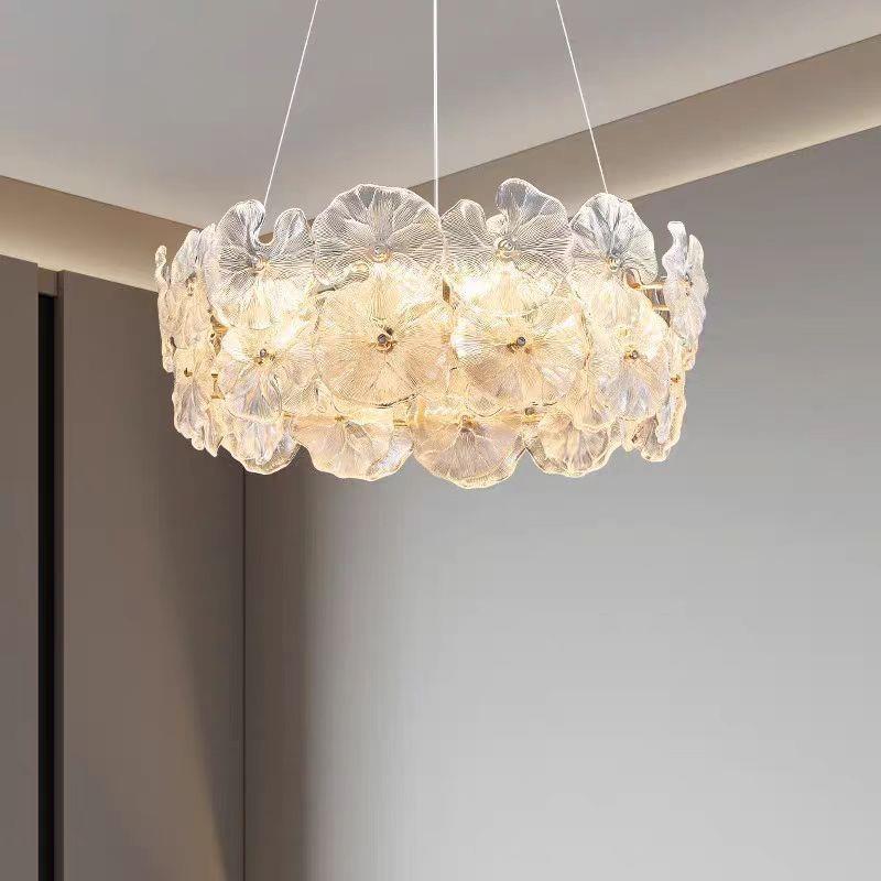 法式客厅全光谱奶油风设计师艺术玻璃荷叶卧室现代简约水晶吊灯