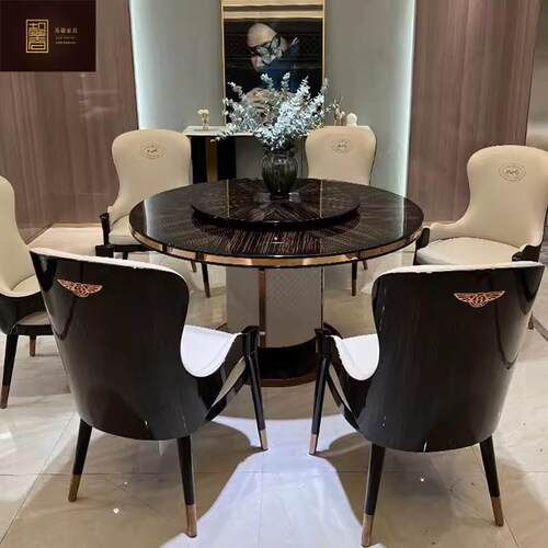 宾利轻奢圆形实木餐桌椅组合现代简约别墅高端大户型吃饭桌子