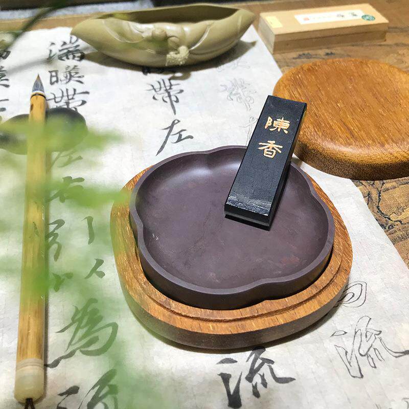 直销4寸四叶草砚手工雕刻天然原石书法绘画磨墨使用端砚