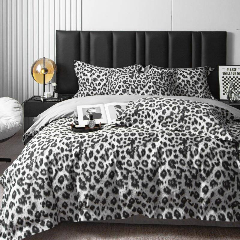 高端100支长绒棉黑白豹纹床盖四件套轻奢高级感夹棉床单床上用品
