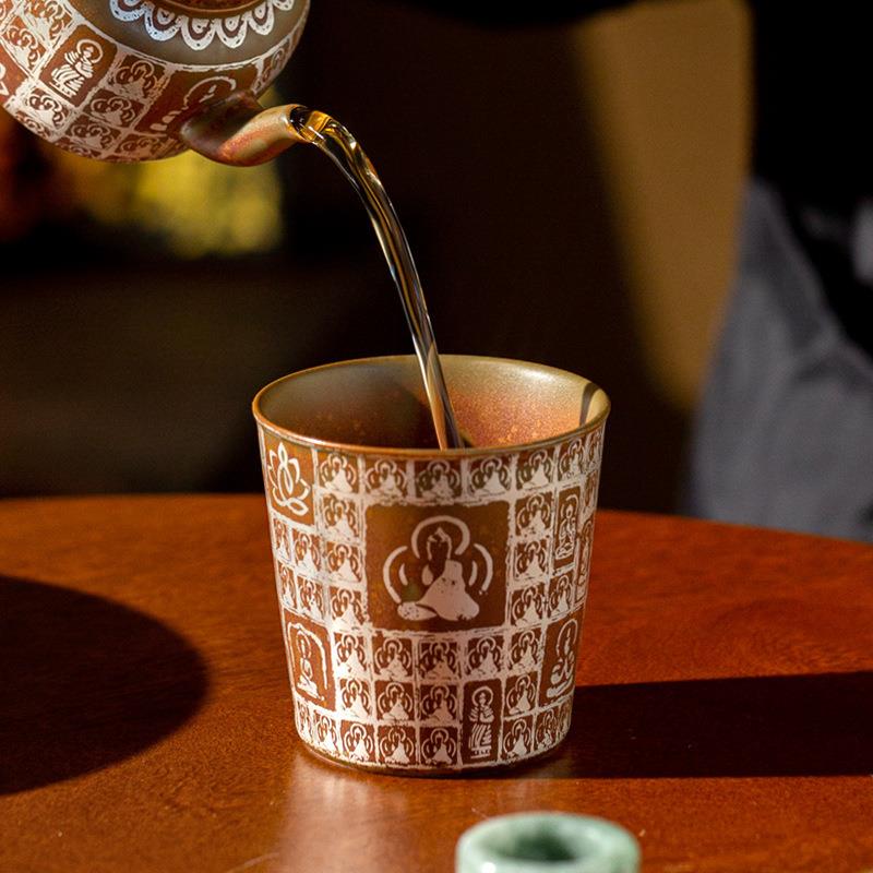 鎏银茶杯敦煌千佛陶瓷个人杯主人杯品茗杯待客创意银茶盏泡茶单杯