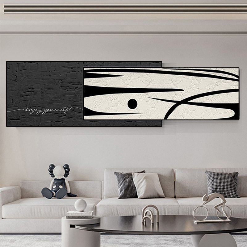 现代简约黑白抽象客厅装饰画高级感肌理横版叠加沙发卧室背景挂画