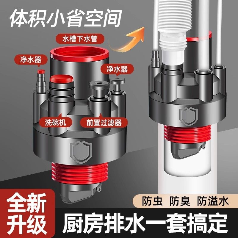 厨房下水管水槽三头通排水管道多功能防臭密封塞密封圈防返臭神器