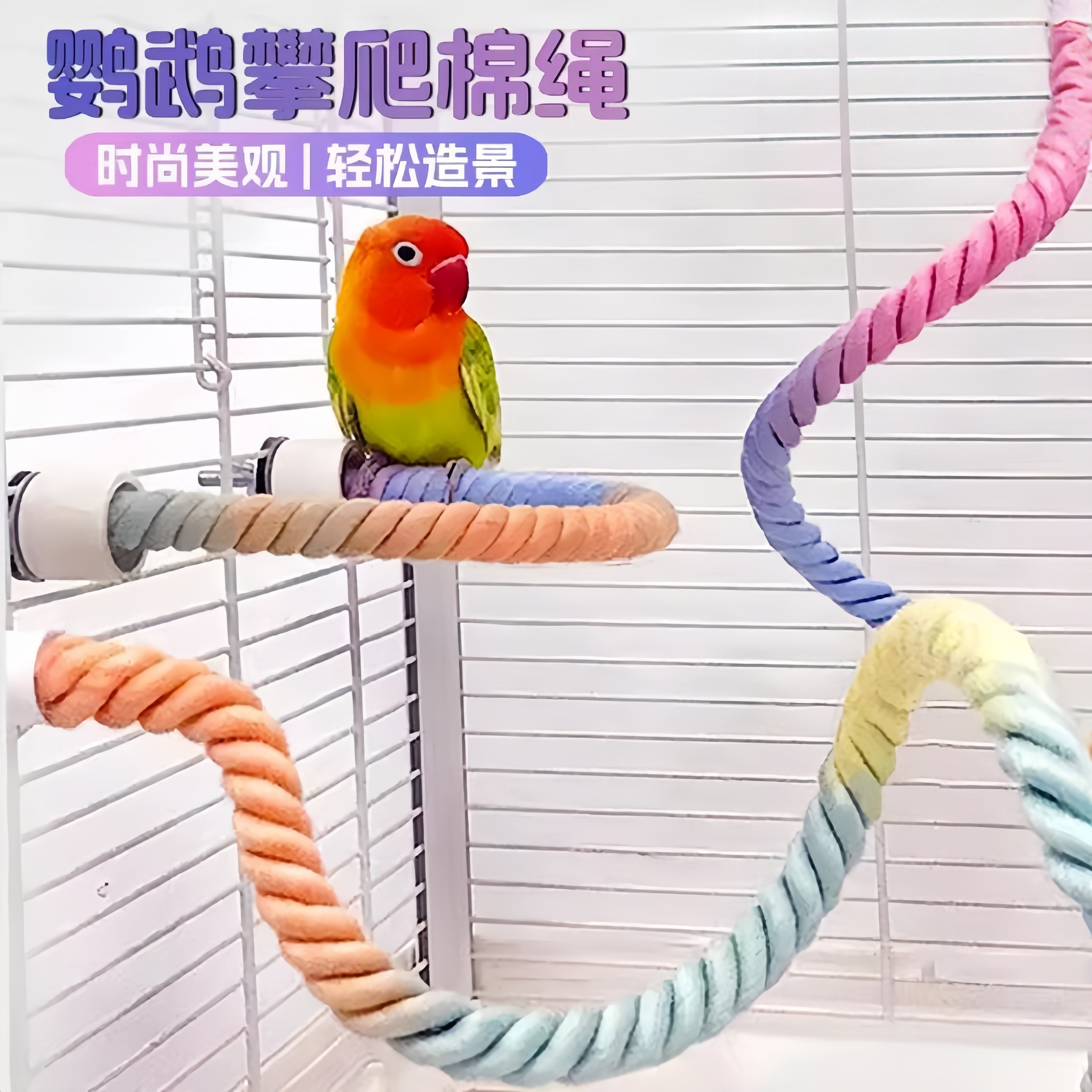 新款鹦鹉彩色棉绳旋转攀爬绳索站杆秋千两端固定自由弯曲爬梯鸟笼