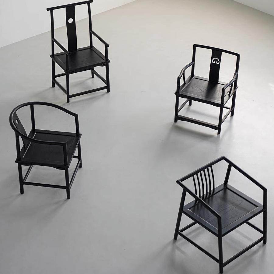 侘寂风黑色主人椅新中式禅意彷古圈椅老榆木官帽椅实木太师椅茶椅