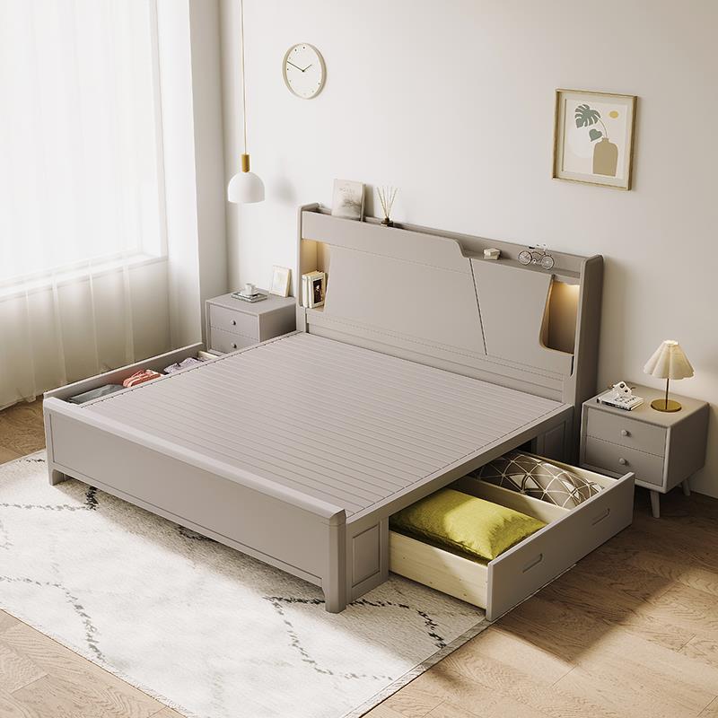 北欧1米8双人床主卧室家具实木床简约轻奢风1米5单人床高箱储物床