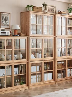 三两枝纯实木书柜落地自由组合书架移门展示柜靠墙推拉门橡木书橱