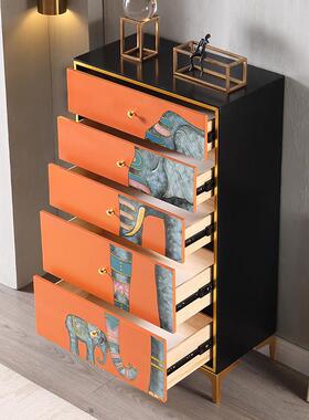 五斗柜轻奢窄款靠墙整装高柜卧室客厅收纳创意橙色彩绘置物收纳柜