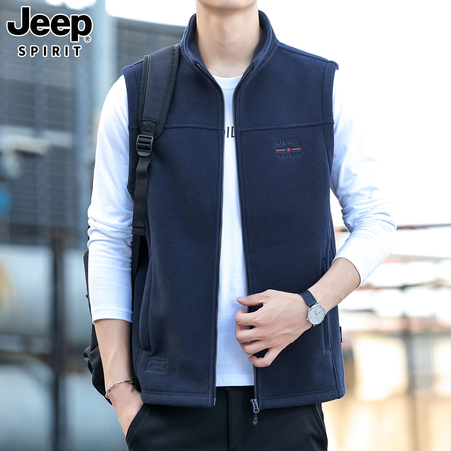 JEEPSPIRIT男加厚保暖抓绒马甲