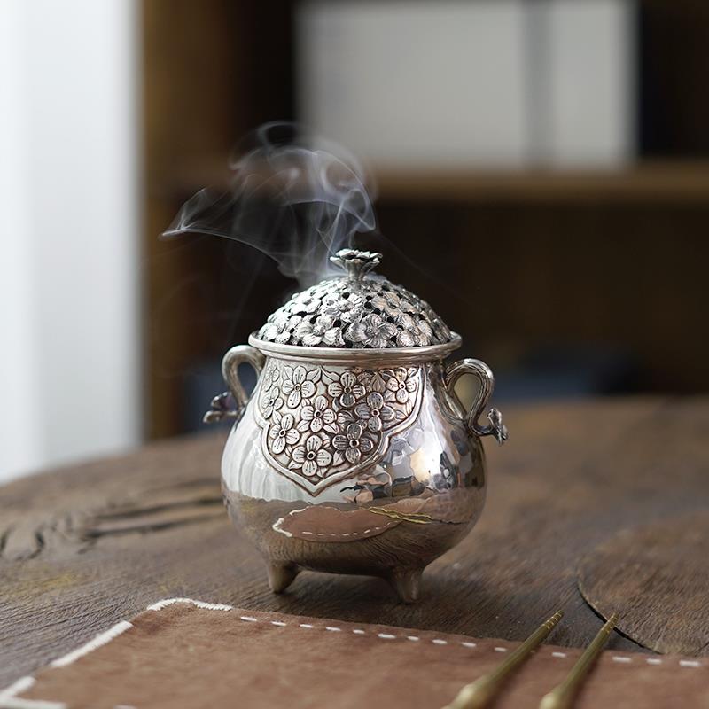 足银999纯手工银香炉张家松老师手作錾刻花纹香熏炉沉香炉 长寿
