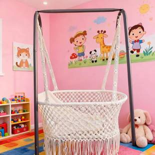 北欧风悬挂吊篮宝宝摇篮手工编织品镂空网状棉绳婴儿床流苏睡篮