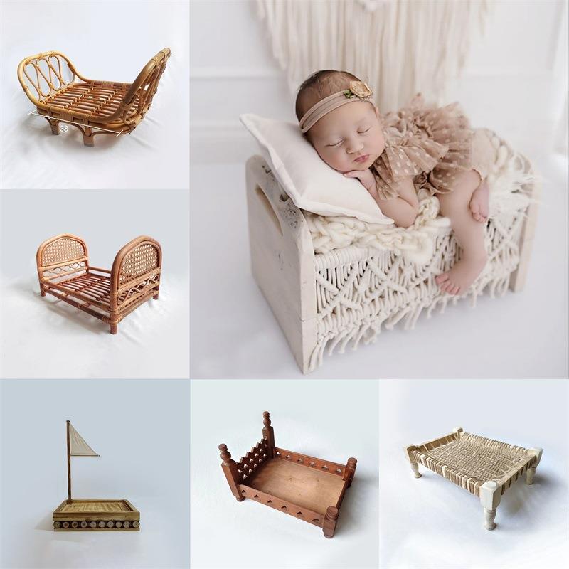 欧美新生儿摄影藤编道具竹编床木床宝宝拍照辅助道具床