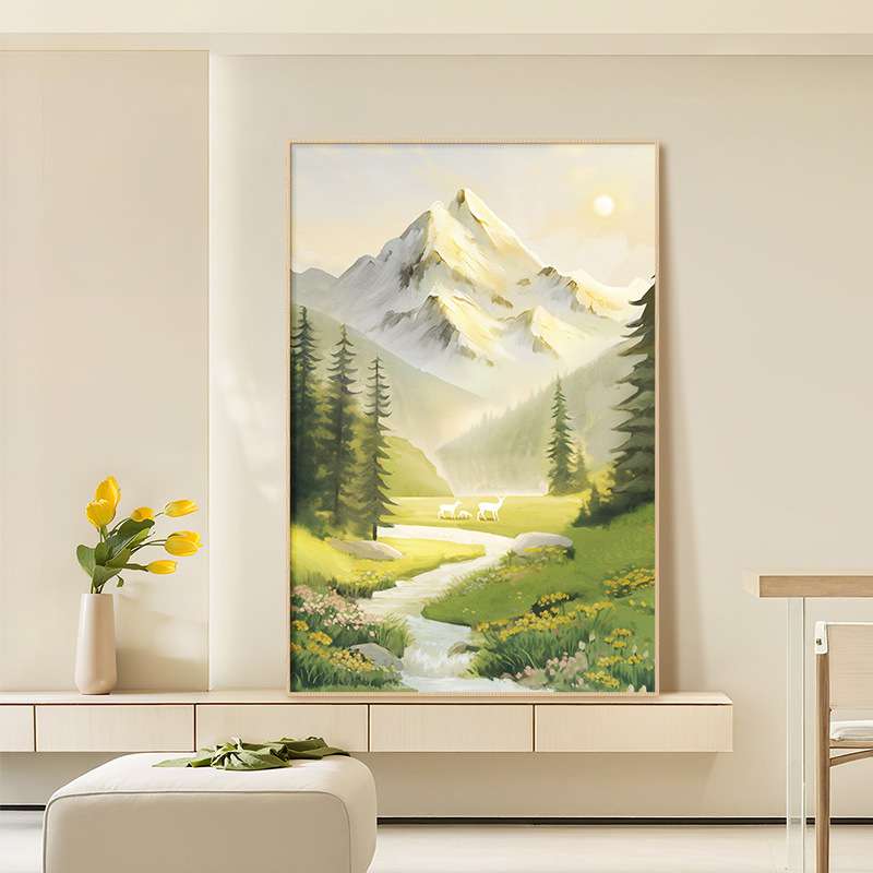 奶油风日照金山水入户正对门玄关装饰画墙壁画走廊过道尽头挂画