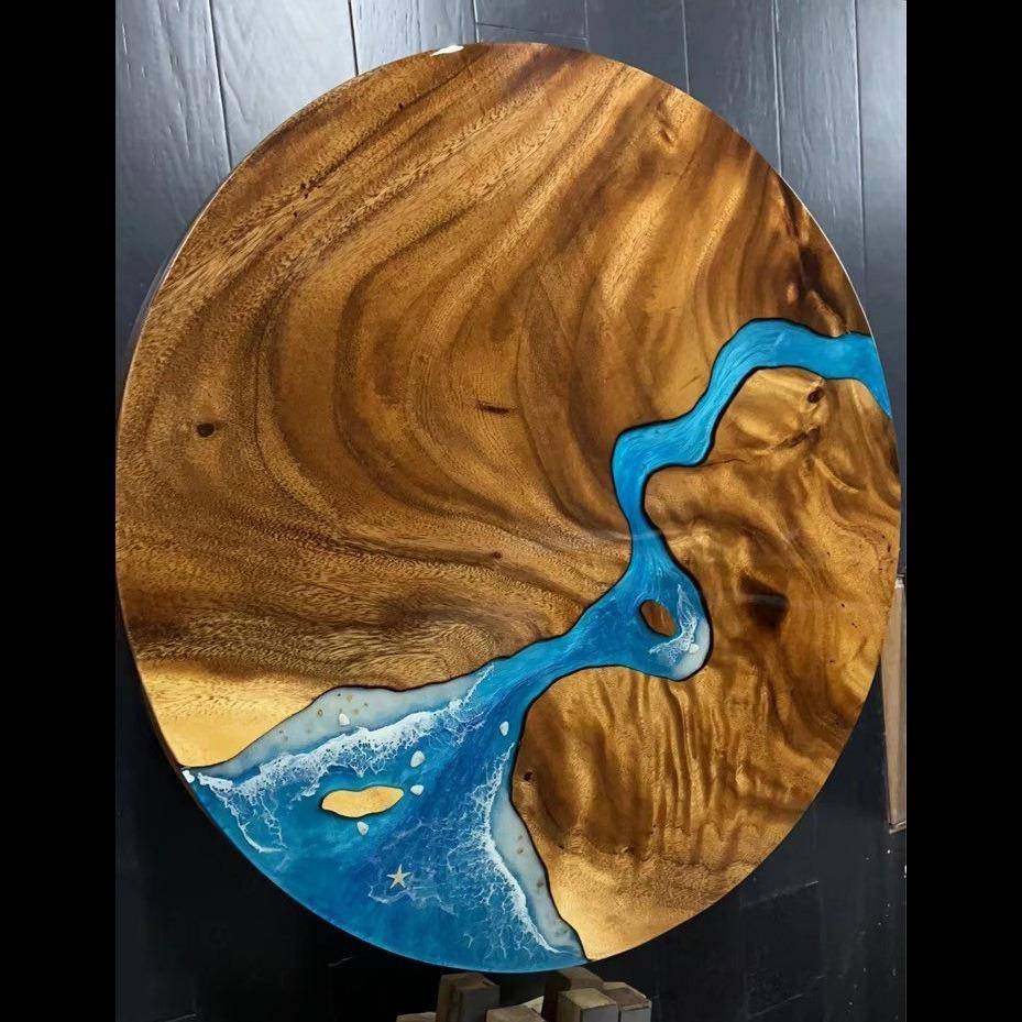 雕刻河流树脂圆桌胡桃木树脂板实木大板桌白杨木现代简约茶桌茶几