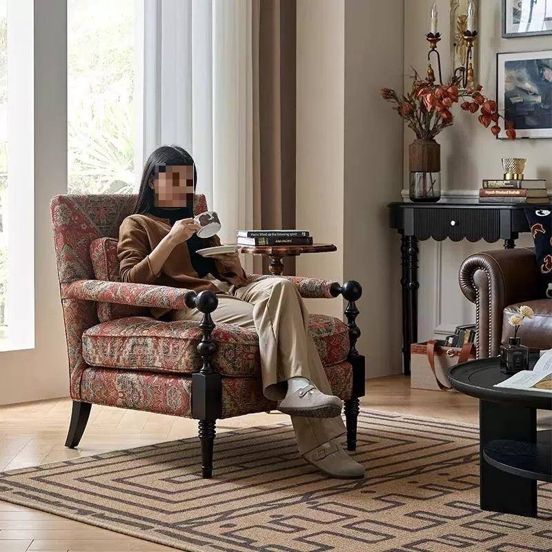 新款美式布艺沙发复古实木单人客厅懒人单椅轻奢高级感休闲沙发椅