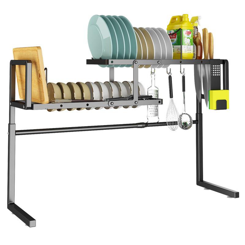 Z型双层不锈钢碗碟架水槽上伸缩置物整理沥水架可调节高度黑白色