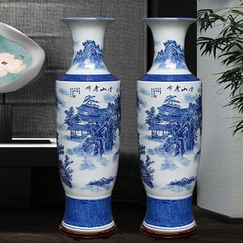 客厅背景装饰摆件陶瓷落地大花瓶别墅装饰手绘青花云山秀峰金钟瓶