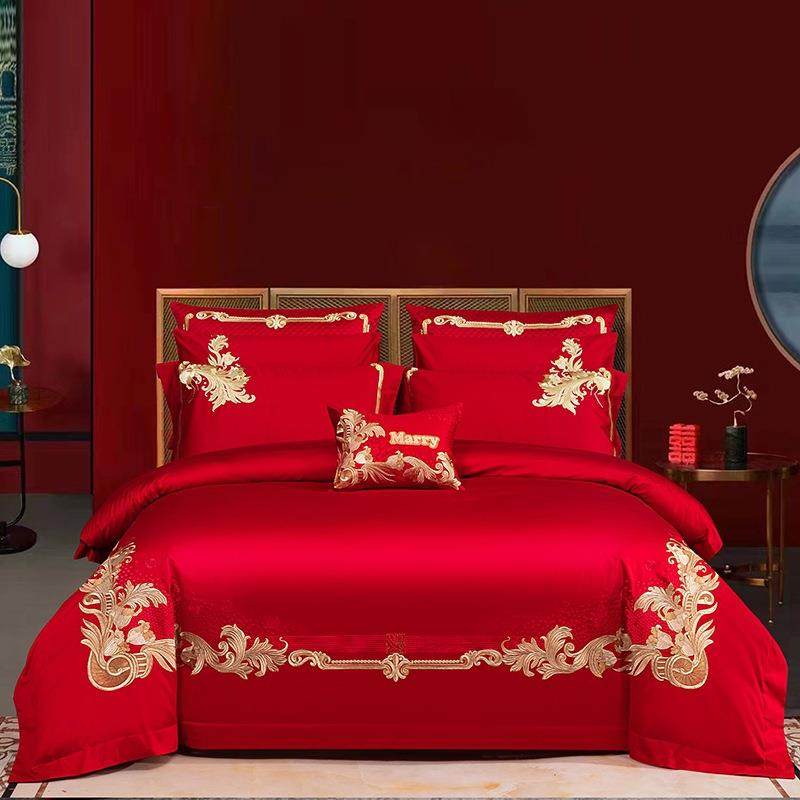 160支长绒棉精绣工艺款婚庆四件套大红刺绣纯棉被套床上用品床单