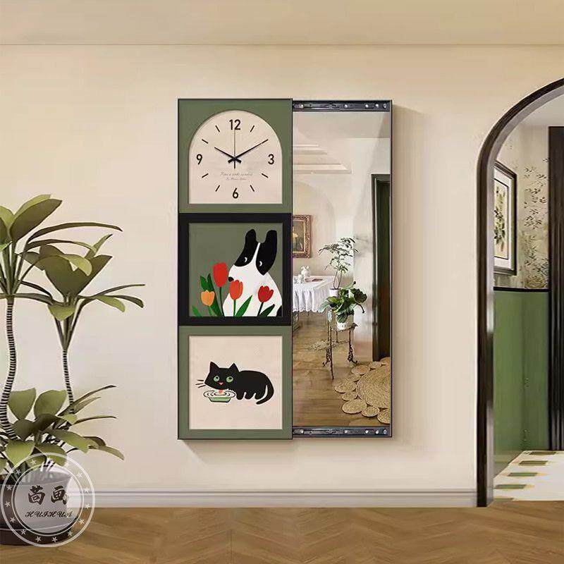中古风隐藏式推拉穿衣镜装饰画带钟表客厅玄关镜子壁画全身镜挂画